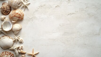 Obraz premium Seashells and starfish border on light textured background.