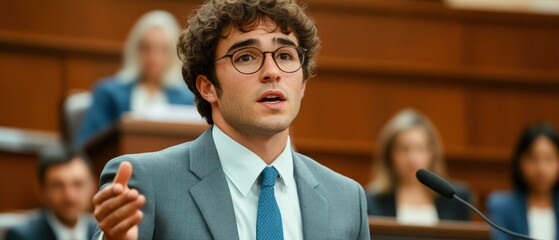 Young man in suit delivers a speech. AI.
