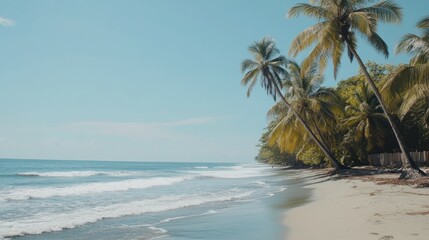 Tropical beach scene with palm trees, ocean waves, and white sand.