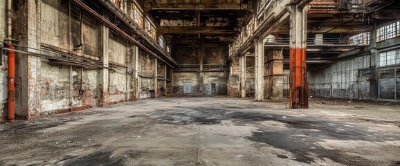 Derelict factory interior, showing decaying walls, stained floor, and rusted metal structures.