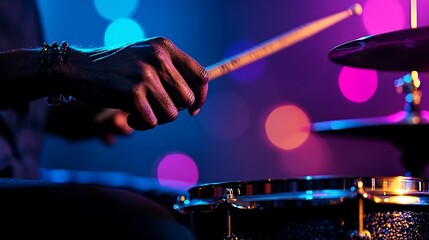 Naklejka premium Close-up of hands playing drums under vibrant stage lighting.