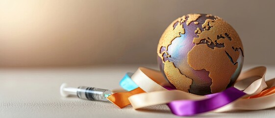 Promoting Global Campaigns for Hepatitis Eradication, featuring a symbolic globe placed on a table with liver health awareness ribbons and vaccination tools around it