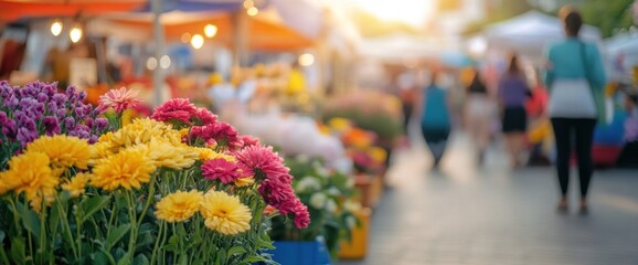 Obraz premium Vibrant flower bouquet at bustling outdoor market.