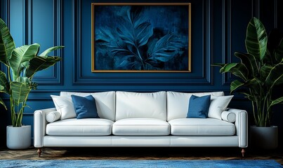 A living room with modern minimalistic interior design and a background featuring a blue wall pattern