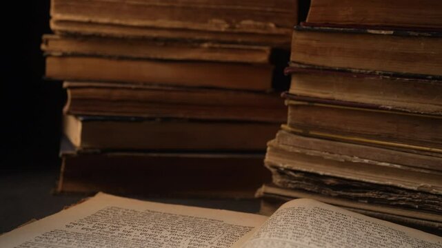 Exploring sacred christians heritage scriptures on german. Details of the Holy Bible. Tradition and wisdom, macro footage. Letters and symbols. 