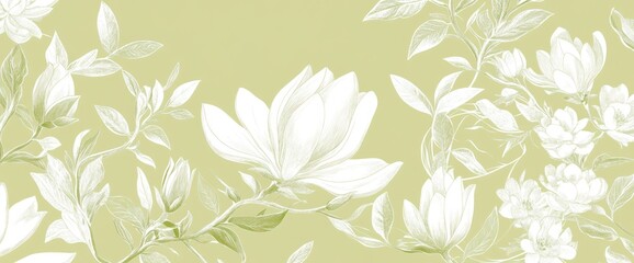 Elegant white magnolia blossoms and leaves on a pale green background.