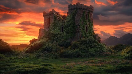 Obraz premium Overgrown castle ruin at sunset, vibrant sky.