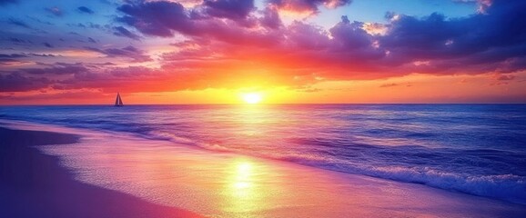 Fototapeta premium Vibrant sunset over ocean beach with sailboat.