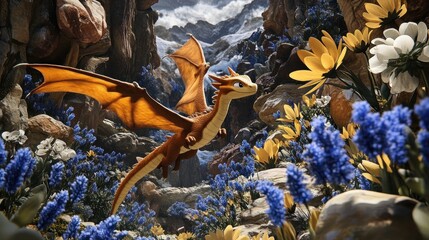 Obraz premium Orange dragon flying through vibrant flowers and rocks in a fantasy landscape.