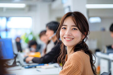活気ある職場で働く女性の笑顔