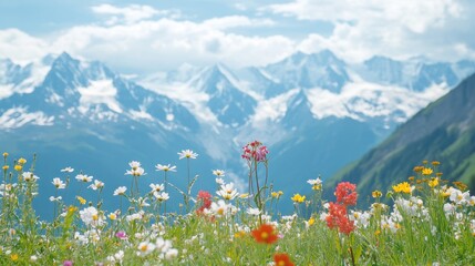 Vibrant wildflowers bloom in foreground of majestic snow-capped mountains under a partly cloudy sky.