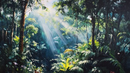 Sunbeams illuminating lush green rainforest, vibrant foliage, dappled light.