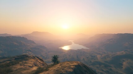 Obraz premium Serene sunset over a vast mountain range and tranquil lake. A lone palm tree stands on a rocky outcrop, offering a peaceful and breathtaking view.