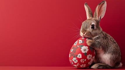 Adorable bunny snuggles a floral Easter egg against a vibrant red backdrop.