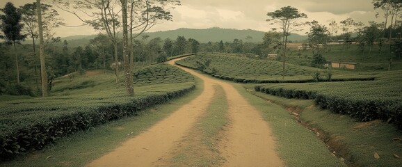 Winding dirt road through lush green tea plantation landscape.