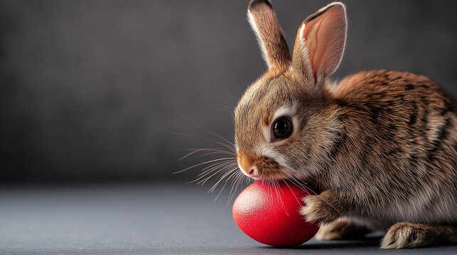 Adorable brown bunny gently holds a red egg.