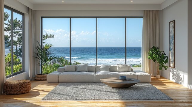 Fototapeta A minimalist 3D rendering of a sofa on a wooden floor in a large living room of a modern house or luxury hotel, featuring a sky and sea view