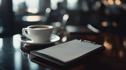 Coffee cup and blank clipboard on dark table in cafe.
