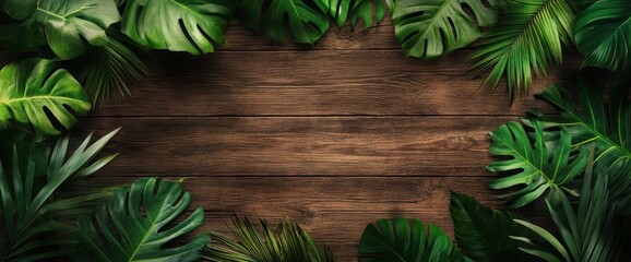 Lush tropical leaves frame on dark wood background.