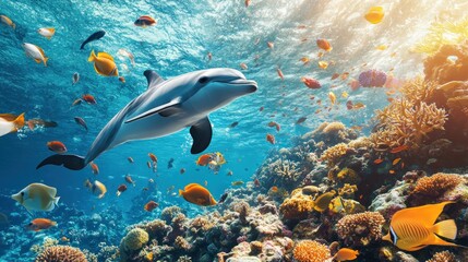 Fototapeta premium Dolphin swimming amidst vibrant coral reef and diverse fish.
