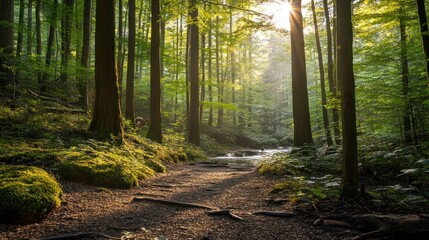 Obraz premium Sunlit forest path beside a stream.