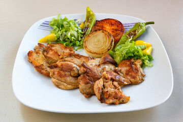 Chicken wings barbeque in a dish with BBQ grill sauce . Izgara tavuk kelebek sis kanat. Tavuk sis, gogus.