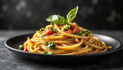A close-up view of delicious pasta primavera garnished with fresh basil against a dark slate background, highlighting rich textures and vibrant colors, inviting and warm ambiance