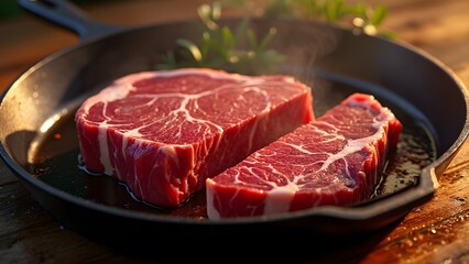 Fototapeta premium Ultra-Realistic Picanha Steak, Sliced Angus Beef in Cast Iron Skillet - Gourmet Food Photography