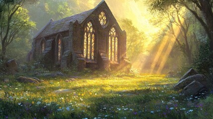 Obraz premium Sunlit stone chapel in a vibrant green forest clearing.