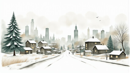 Obraz premium A serene winter landscape featuring a quaint village with snow-covered houses, tall evergreen trees, and a distant skyline of a bustling city under a misty sky.