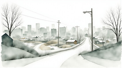 Obraz premium A serene winter landscape showcasing a rural scene with a winding road leading to a city skyline, enveloped in mist.
