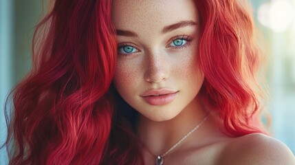 Fototapeta premium Close-up portrait of a young woman with vibrant red hair and blue eyes.
