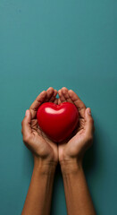 Fototapeta premium Close-up of hands cradling a red heart, representing charity and kindness.