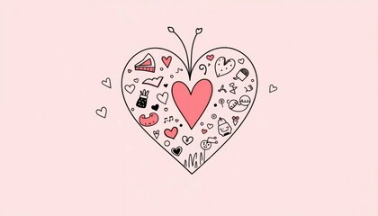 illustration hearts with whimsical doodles on a soft pink background--ar 16:9 --q 2- (relaxed, stealth)