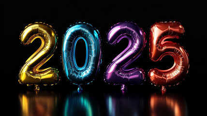 Colorful metallic foil balloons shaped in the form of the numbers "2025"