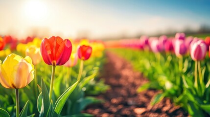 Vibrant tulips illuminated by warm sunset light in a vast field.