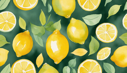 Watercolor lemon pattern with leaves and slices on green background, fresh design concept