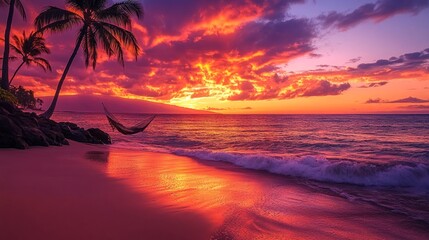 Vibrant sunset over tropical beach with hammock.