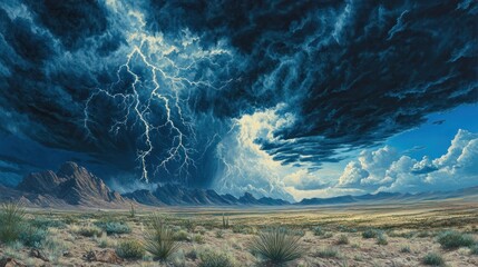 Dramatic lightning storm over desert landscape with mountains.