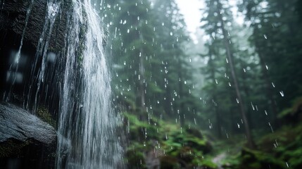 Cascading waterfall in misty forest.