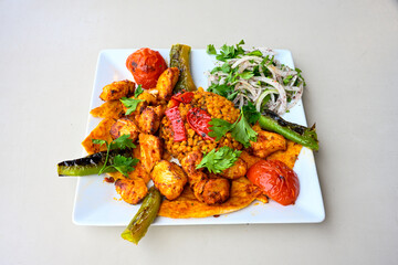 Chicken wings barbeque in a dish with BBQ grill sauce . Izgara tavuk kelebek sis kanat. Tavuk sis, gogus.