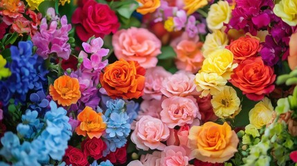 Vibrant multicolored roses and flowers background.