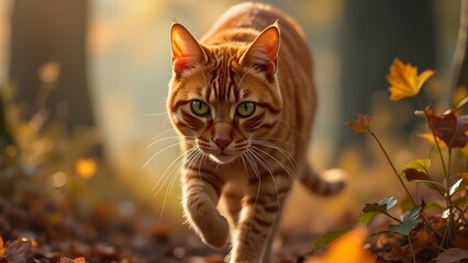 Majestic Orange Tabby Cat Stalking Through Autumn Forest Glade, Cinematic Wildlife Photography