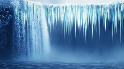 Frozen waterfall: a towering waterfall frozen in time, with jagged icicles and frost lining its edges, reflecting the light. Frostline. Illustration