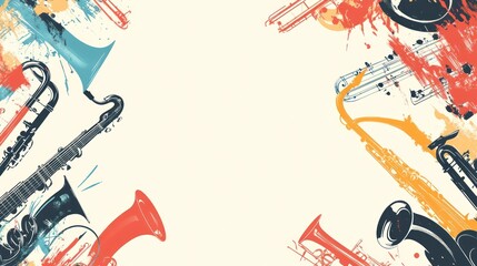 Colorful illustration of various brass and woodwind instruments with paint splatters, leaving a central space for text.