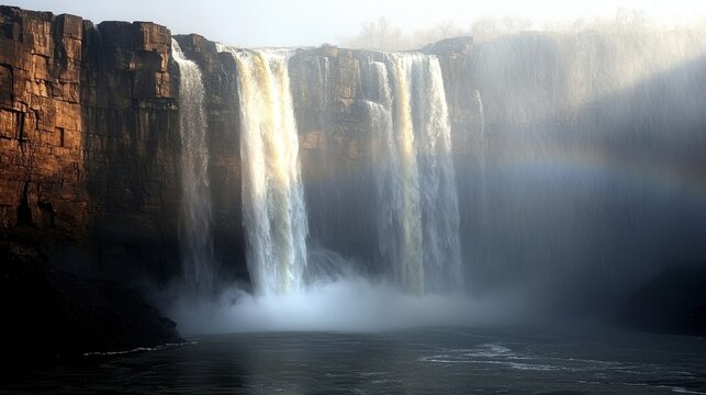 Majestic waterfall cascading over cliff with mist and rainbow in serene nature scene