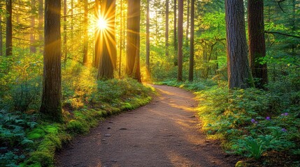 Obraz premium Sunlit forest path at sunrise.