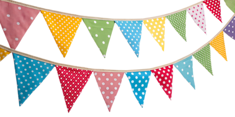 Multicolor bunting party decoration isolated in transparent background perfect for birthday party, marriage anniversary, valentines day and new year celebrations. 