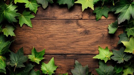 Lush green leaves frame rustic brown wood background.