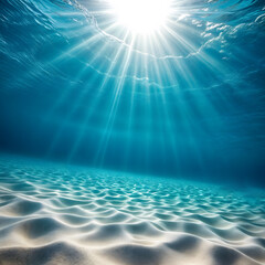 Underwater view of rippled sandy sea floor with bright sun rays streaming through clear blue ocean water
